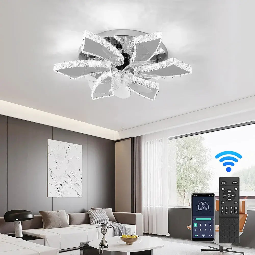 Modern crystal luxury ceiling fan with sleek chrome base and translucent leaf-shaped glass panels for living room decorbites design