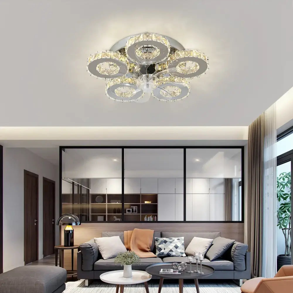 Modern crystal luxury ceiling fan with gold and chrome circular design featuring crystal luxury ceiling tiers