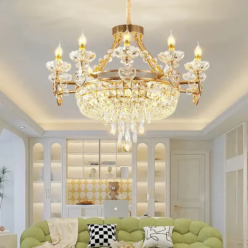 A decorbites crystal luxury gold chandelier with intricate crystal droplets and heart-shaped accents for living room