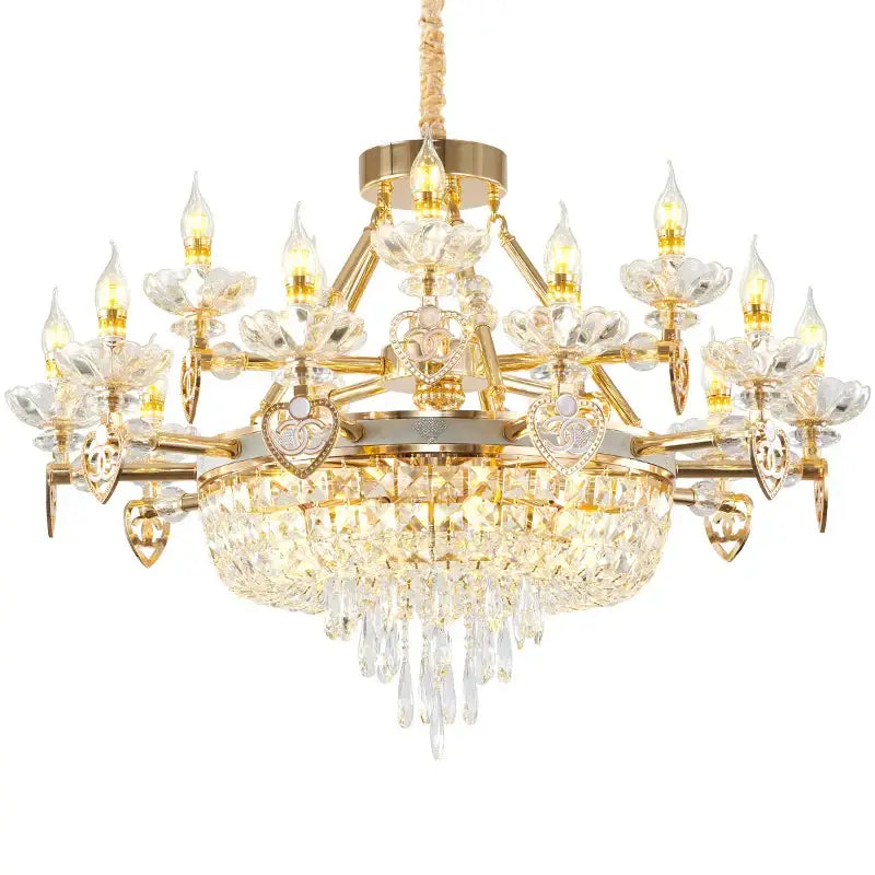 Gold-toned decorbites crystal luxury chandelier with crystal flower heart accents and braided rope suspension for living room
