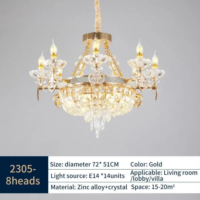 Decorbites crystal luxury gold chandelier with eight light fixtures and crystal accents for living room decor
