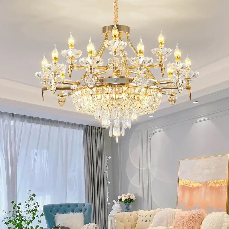 A decorbites crystal luxury gold chandelier with intricate crystal droplets and floral glass prisms for living room