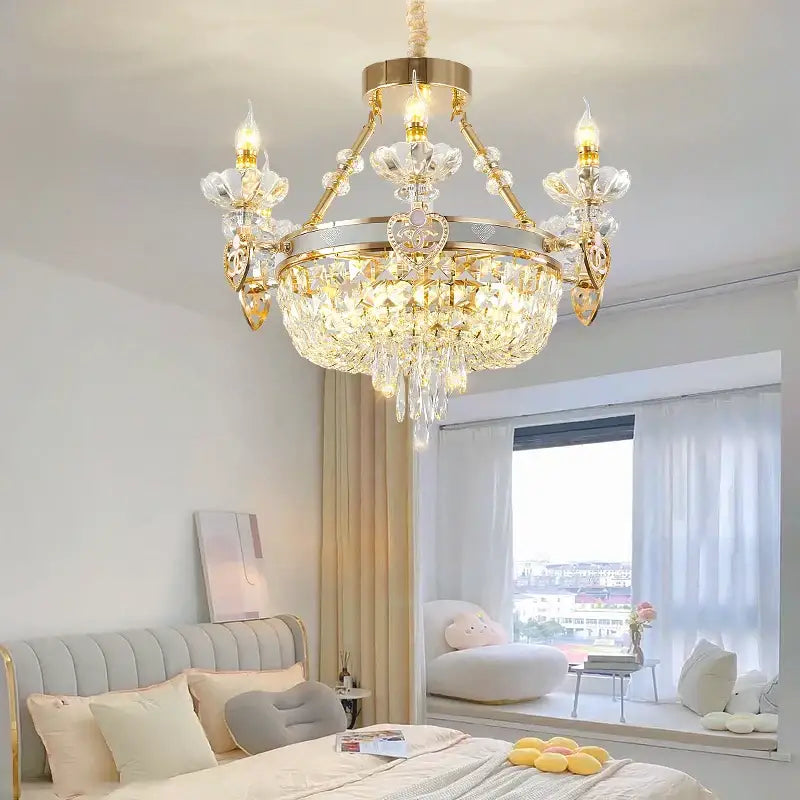 Decorbites crystal luxury gold chandelier with crystal accents and multiple bulbs for living room lighting