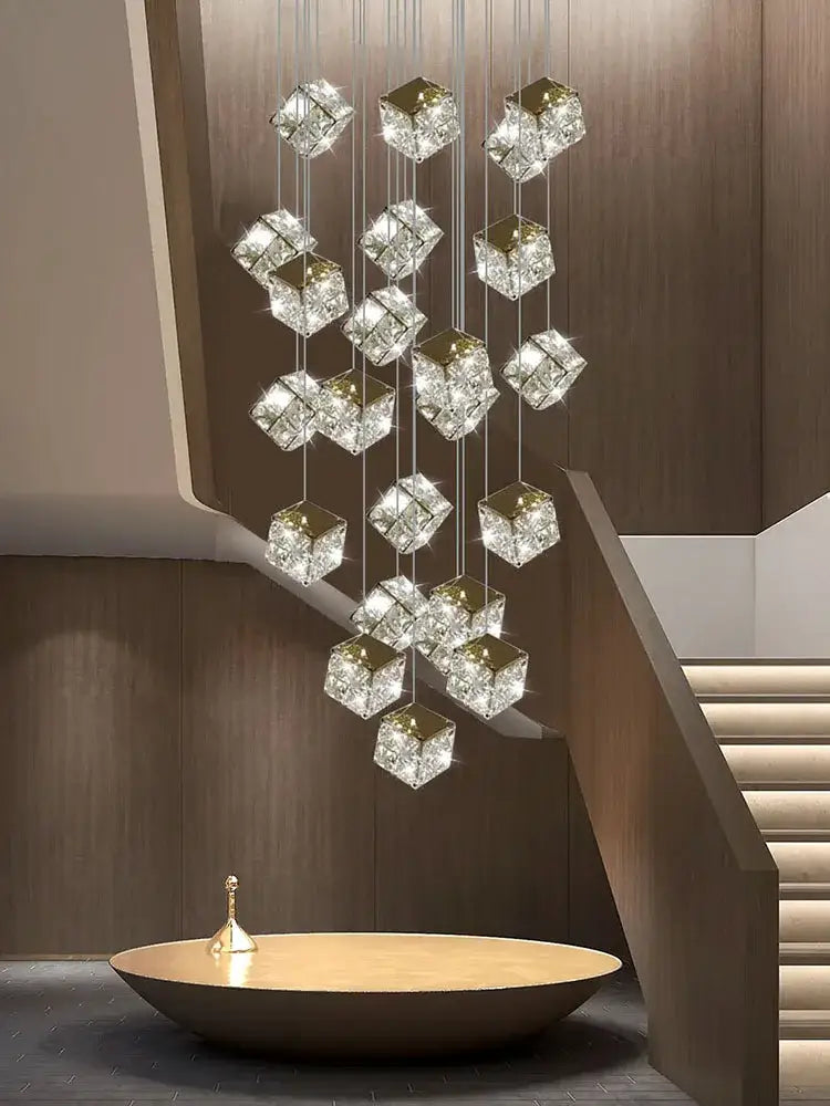 Decorbites crystal modern cubic chandelier with faceted glass cubes and gold accents for living room led lighting