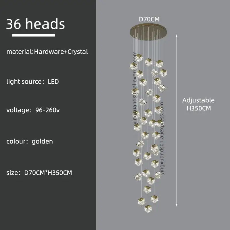 Golden decorbites crystal modern cubic chandelier with 36 crystal heads suspended from circular base for living room lighting