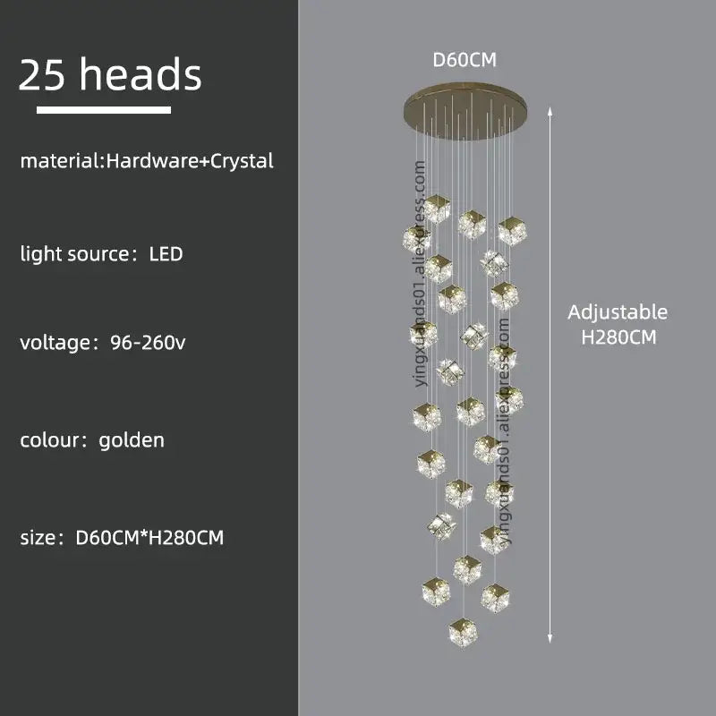 Golden decorbites crystal modern cubic chandelier with 25 crystal heads suspended from circular base for living room lighting