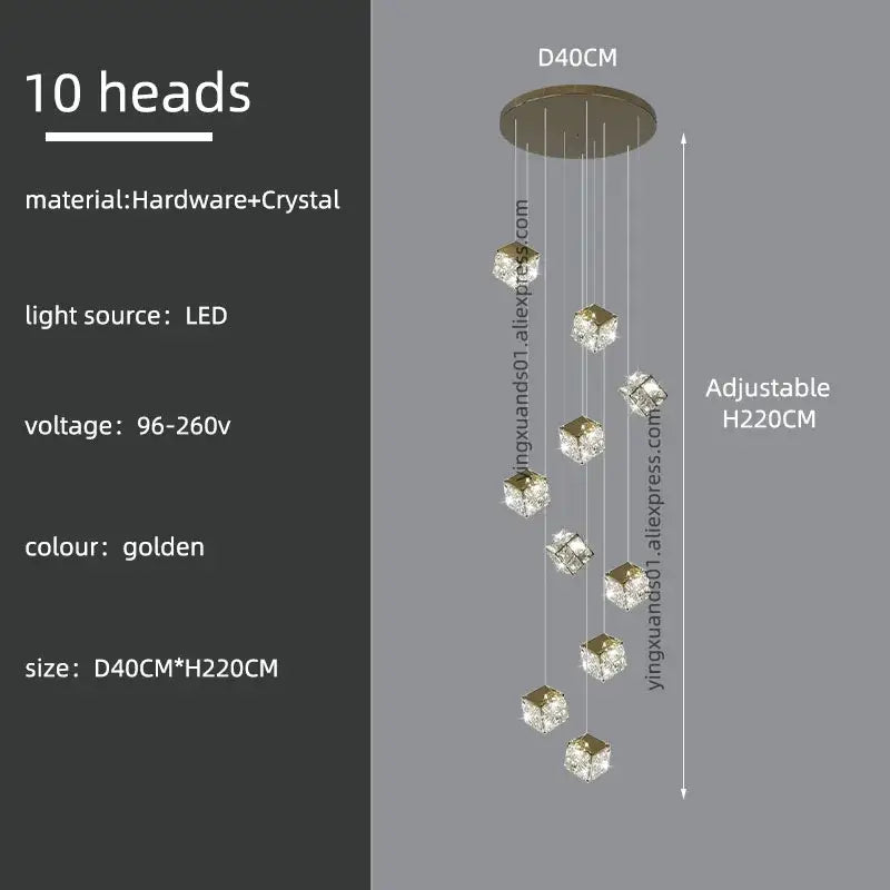 Golden decorbites crystal modern cubic chandelier with ten crystal-encased led light heads for living room lighting