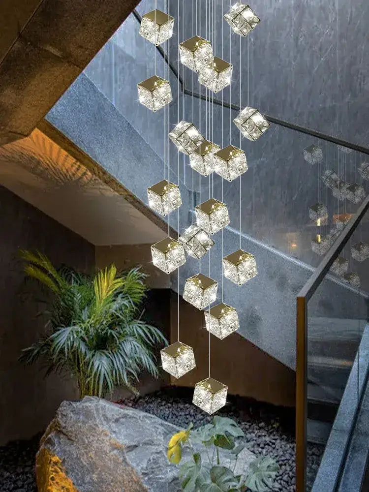 Decorbites crystal modern cubic chandelier with clear faceted crystal cubes suspended by thin wires for living room lighting