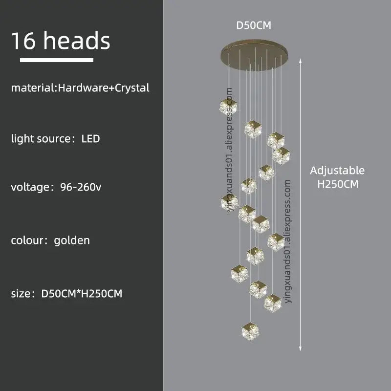 Golden decorbites crystal modern chandelier with 16 crystal cube heads suspended from circular hardware base for living room lighting
