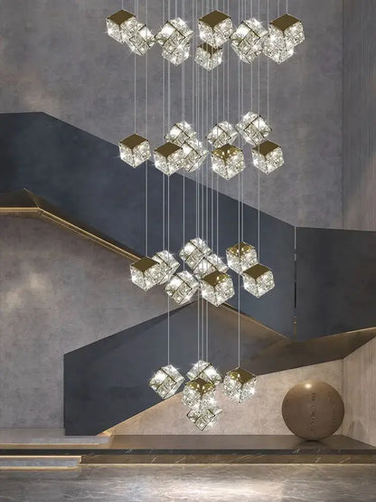 Decorbites crystal modern cubic chandelier with gold-toned edges and LED lighting for living room illumination