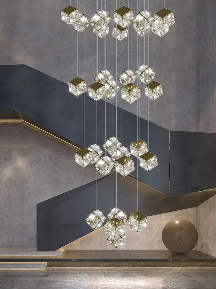 Decorbites crystal modern cubic chandelier with gold-toned edges and LED lighting for living room illumination