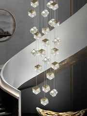 A decorbites crystal modern cubic chandelier with clear faceted crystals and led lighting for living room use
