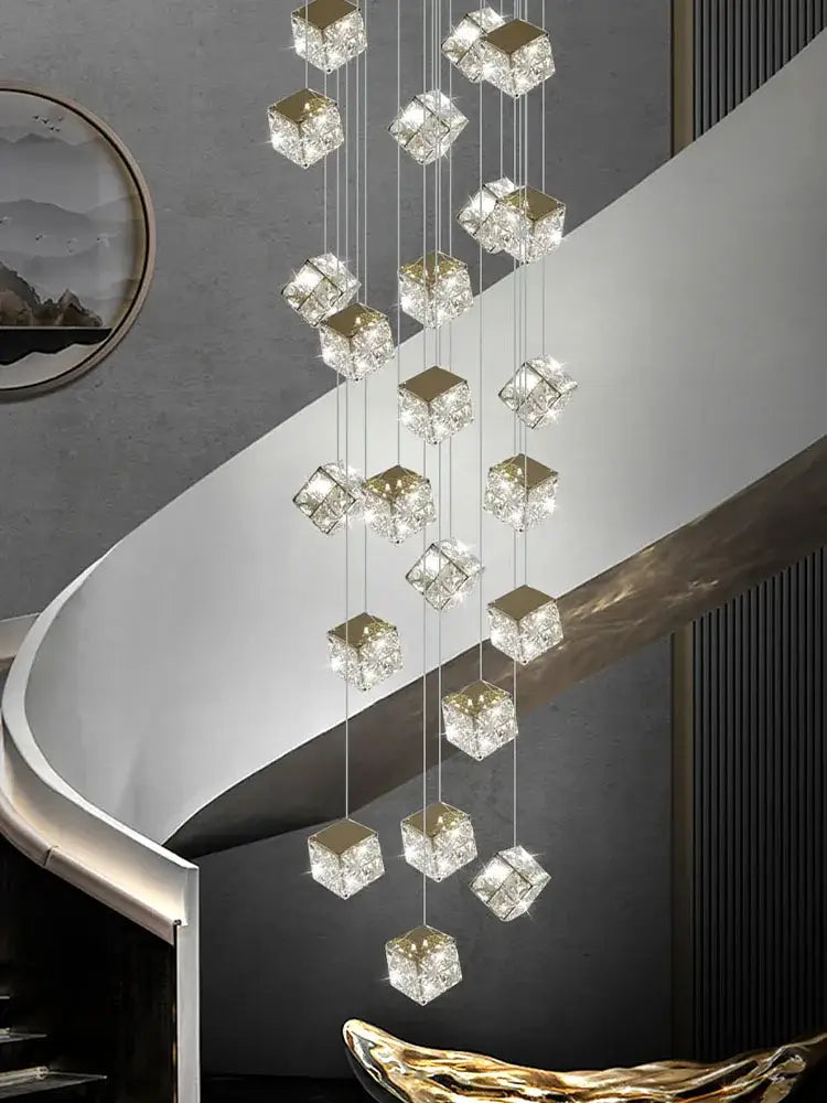 A decorbites crystal modern cubic chandelier with clear faceted crystals and led lighting for living room use
