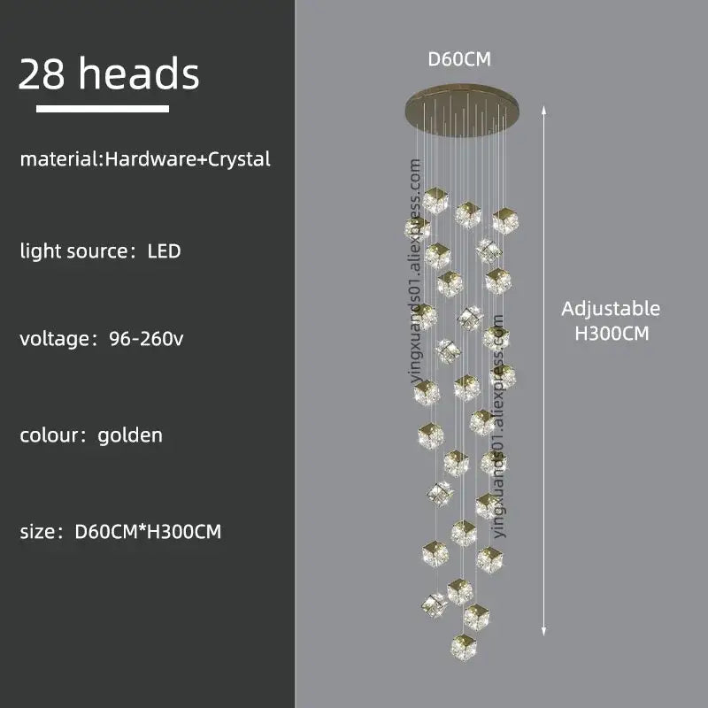 Golden decorbites crystal modern cubic chandelier with 28 crystal heads suspended from circular base for living room lighting