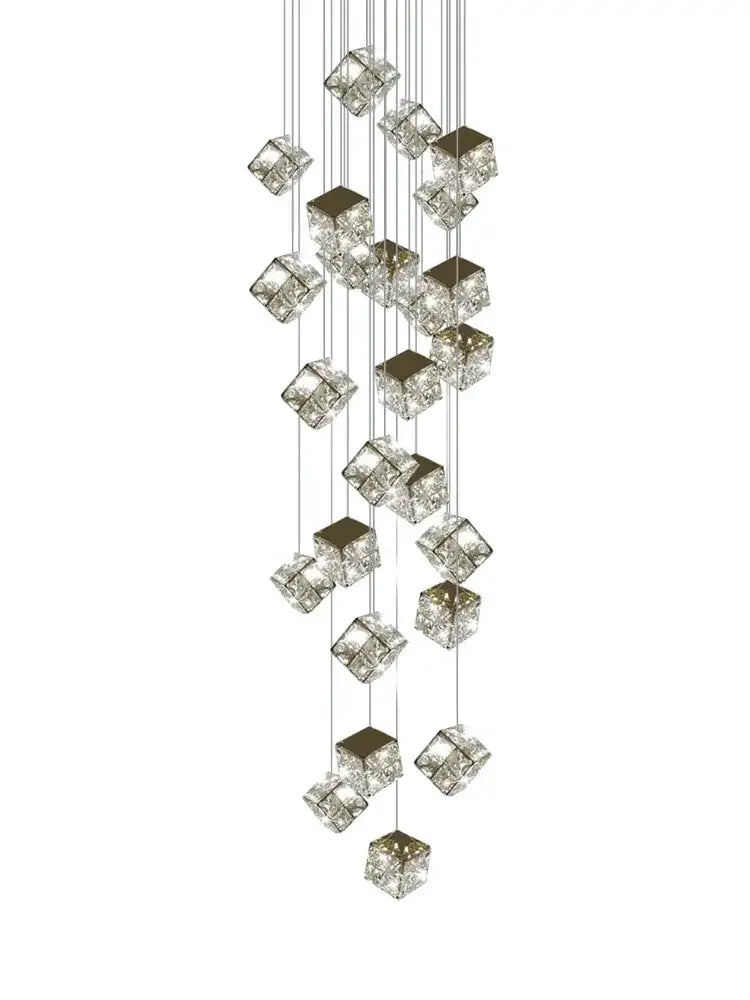 Decorbites crystal modern cubic chandelier with transparent faceted cubes and sleek metallic finish for living room lighting