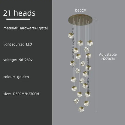 Decorbites crystal modern cubic chandelier with 21 crystal cube heads and gold circular base for living room lighting