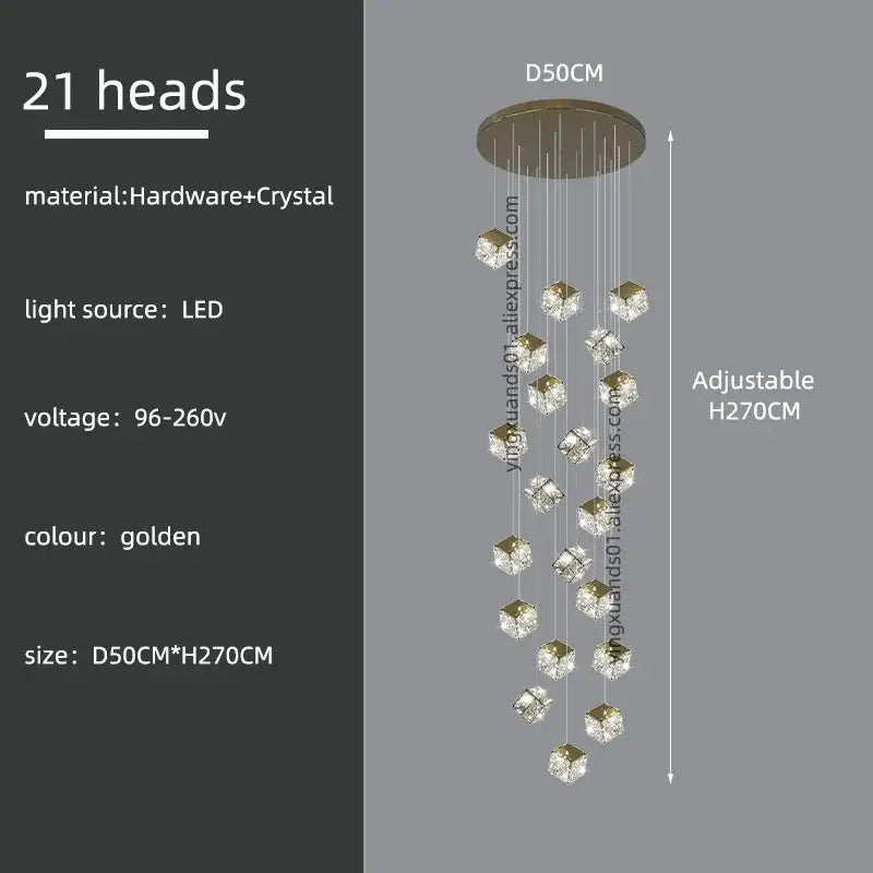 Decorbites crystal modern cubic chandelier with 21 crystal cube heads and gold circular base for living room lighting