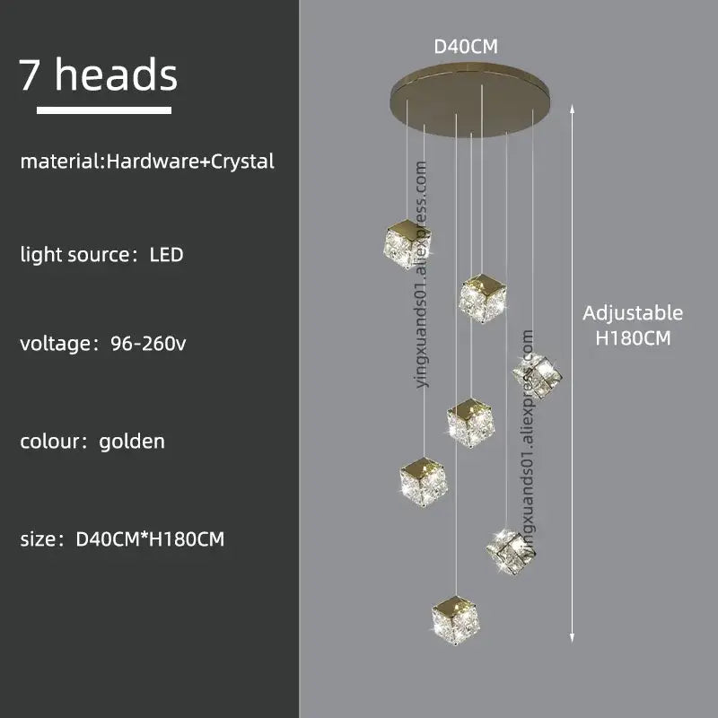 Golden seven-head decorbites crystal modern cubic chandelier with led lighting for living room use