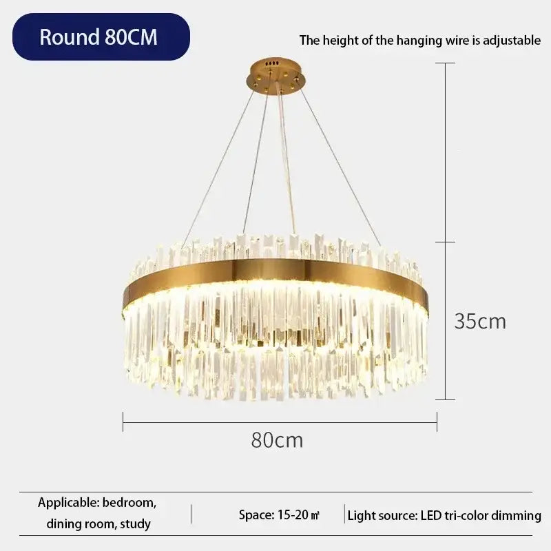 Decorbites™ crystal pendant chandelier with gold-toned circular frame and cascading clear strands for luxury modest crystal home decor
