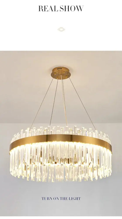 Decorbites™ crystal pendant chandelier with gold-toned circular frame and cascading clear prisms for luxury modest crystal home decor