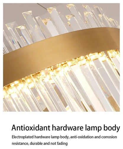 Gold-toned decorbites crystal pendant chandelier with clear prisms and warm led lights for luxury modest crystal ceiling decor