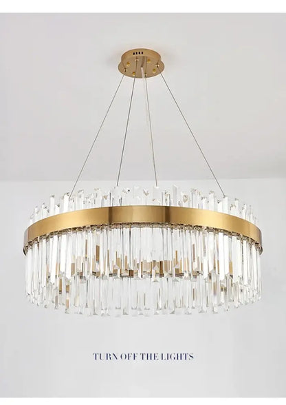 DecorBites™ gold-toned crystal pendant chandelier with clear rods and brass frame for luxury modest crystal home decor