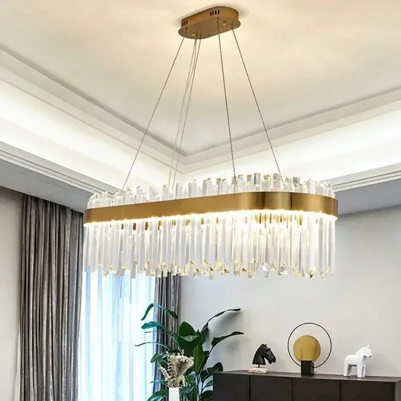 Decorbites™ crystal pendant chandelier with gold-toned oval frame and clear crystal prisms for luxury modest crystal ceiling decor