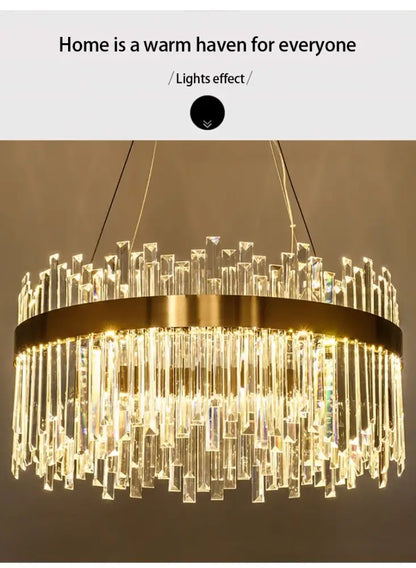 Golden circular decorbites™ crystal pendant chandelier with cascading clear crystal rods for luxury modest crystal home decor
