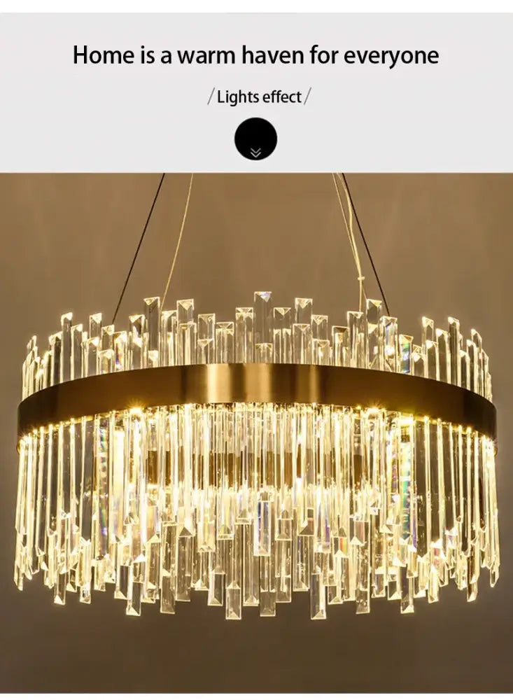 Golden circular decorbites™ crystal pendant chandelier with cascading clear crystal rods for luxury modest crystal home decor