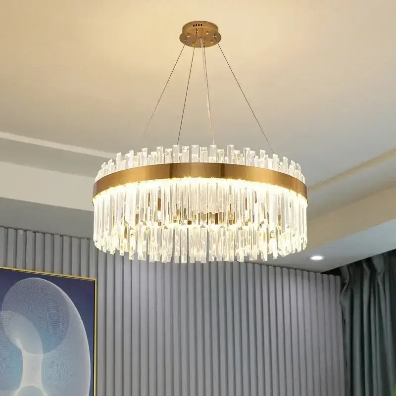 Decorbites™ crystal pendant chandelier with gold metal frame and cascading clear rods for luxury modest crystal home decor