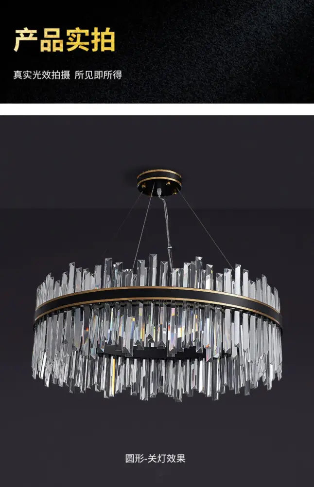 A modern decorbites™ crystal pendant chandelier with clear prisms on a black and gold frame for luxury modest crystal home decor