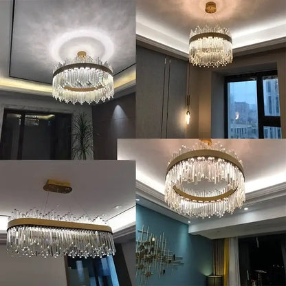 Decorbites™ crystal pendant chandelier with gold-toned metal frame and cascading clear prisms for luxury modest crystal home decor