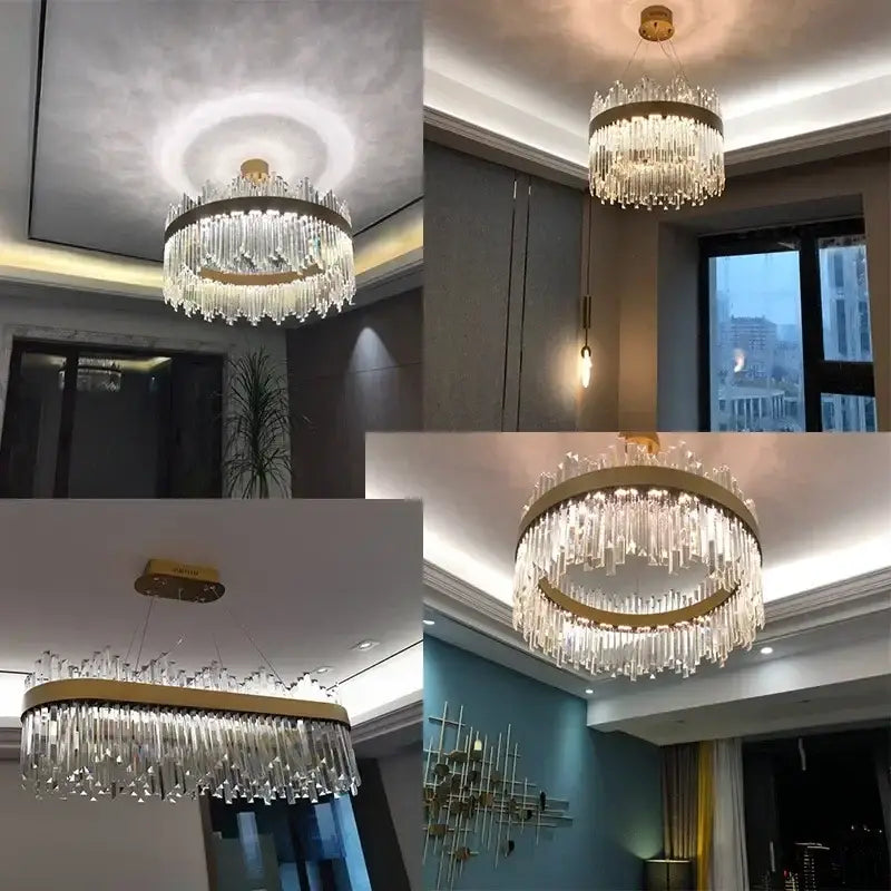 Decorbites™ crystal pendant chandelier with gold-toned metal frame and cascading clear prisms for luxury modest crystal home decor