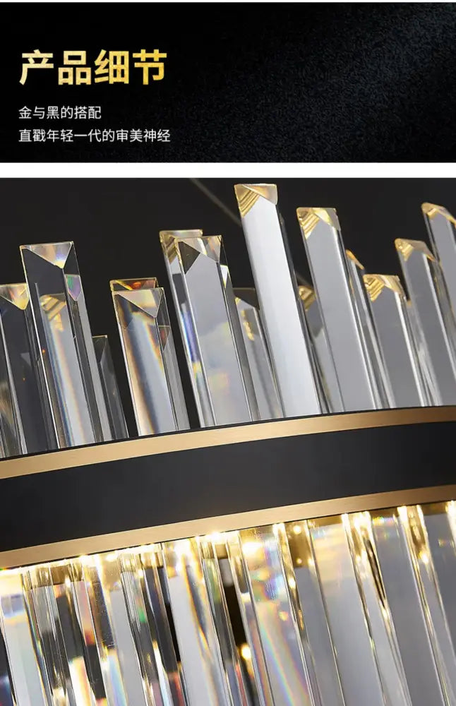Modern crystal pendant chandelier with gold and black accents featuring faceted glass prisms for luxury modest crystal home decor