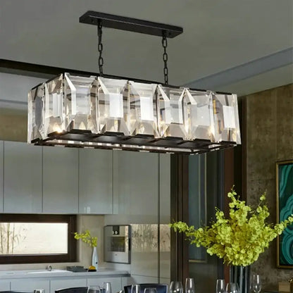 Rectangular decorbites crystal pendant chandelier with black metal frame and chain suspension for living room lighting