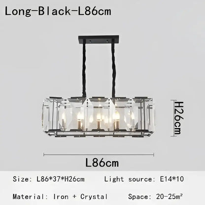 Black iron and crystal decorbites crystal pendant chandelier with a modern rectangular design 86cm length gold finish