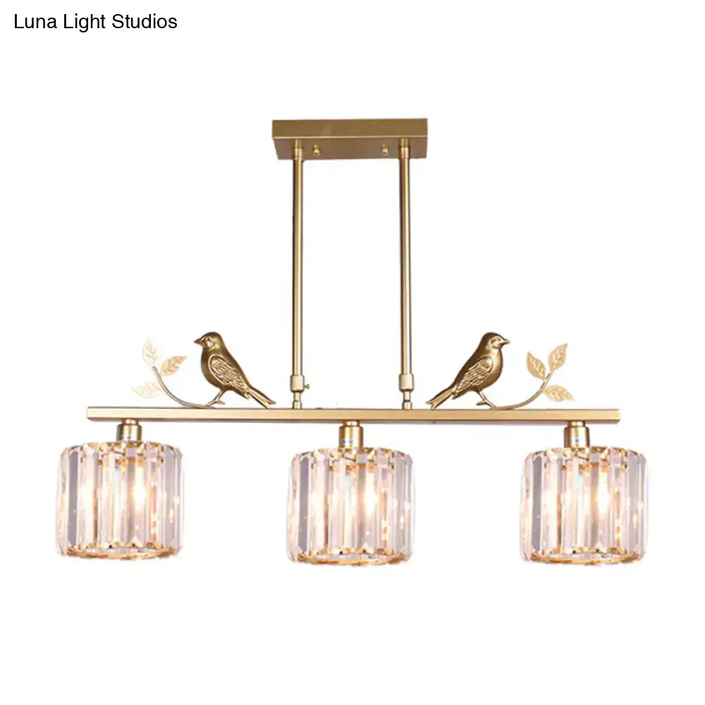 Gold-toned decorbites crystal prism light fixture with three cylindrical crystal shades leaf decor 220v-240v 110v-120v