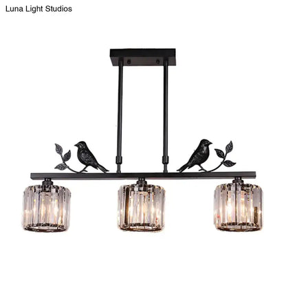 Black metal DecorBites™ light fixture with three crystal glass shades and decorative bird and leaf decor 220v-240v 110v-120v