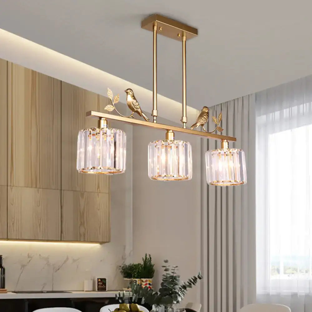 Gold-toned decorbites crystal prism island light fixture with lodge pendant three cylindrical glass shades and bird leaf decor 220v-240v 110v-120v