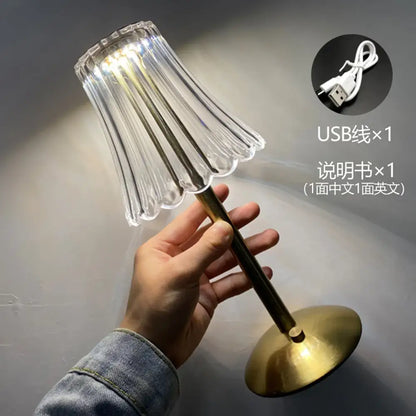 Clear fluted glass lampshade with brass crystal retro table lamp for bedroom bedside rechargeable dimming led light