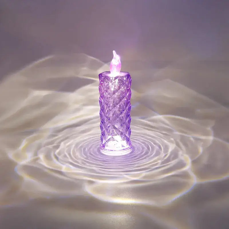Decorbites crystal rose red led candle night light with translucent purple faceted crystal rose dioptric design and flame effect