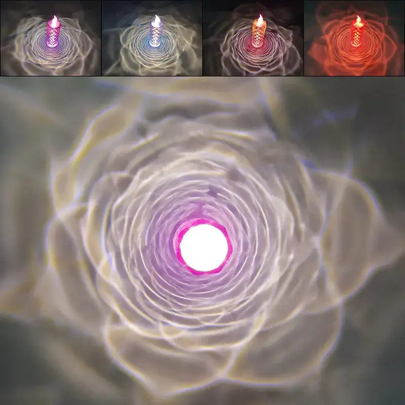 A glowing translucent decorbites crystal rose red led candle night light with intricate spiral ridges and flickering flame
