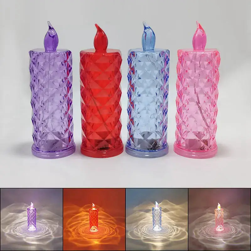 Four colorful faceted plastic led night lights in purple red blue and pink from decorbites crystal rose dioptric collection