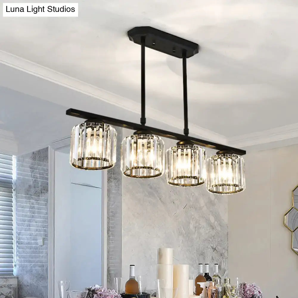 Decorbites™ crystal shade ceiling light with black metal bar and four cylindrical glass shades for dining room island