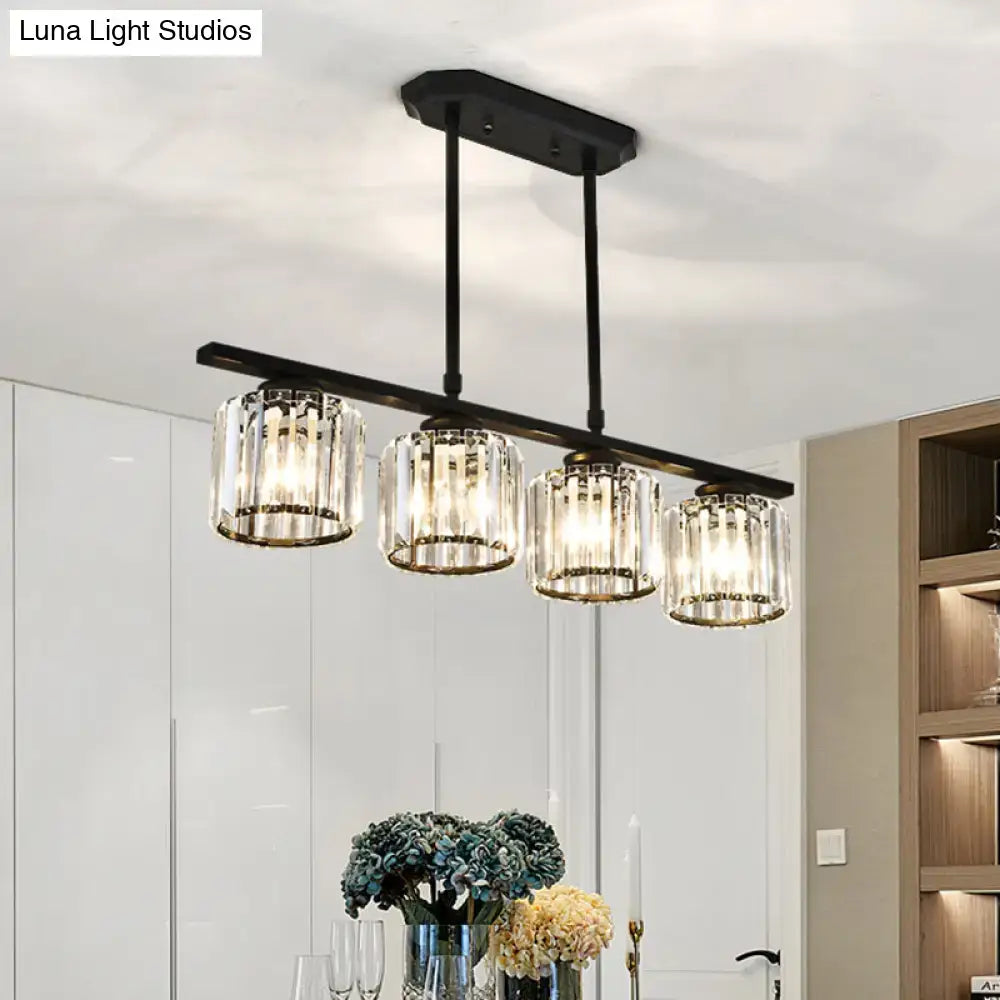 Black metal crystal shade chandelier with four clear cylinder shades for dining room island lighting decor