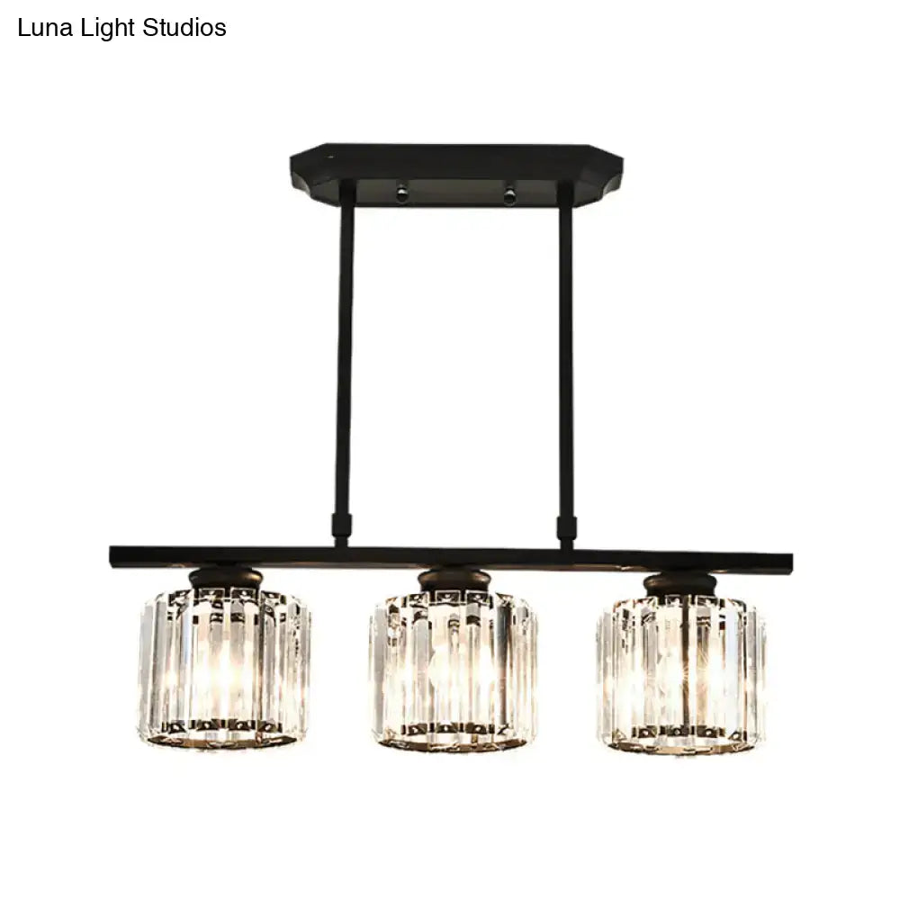 Black metal chandelier with three clear vertically ribbed crystal shade glass for dining room island lighting