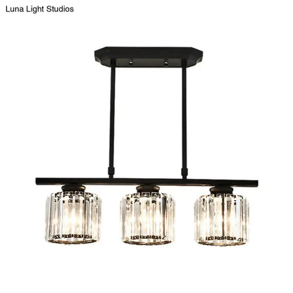 Black metal chandelier with three clear vertically ribbed crystal shade glass for dining room island lighting