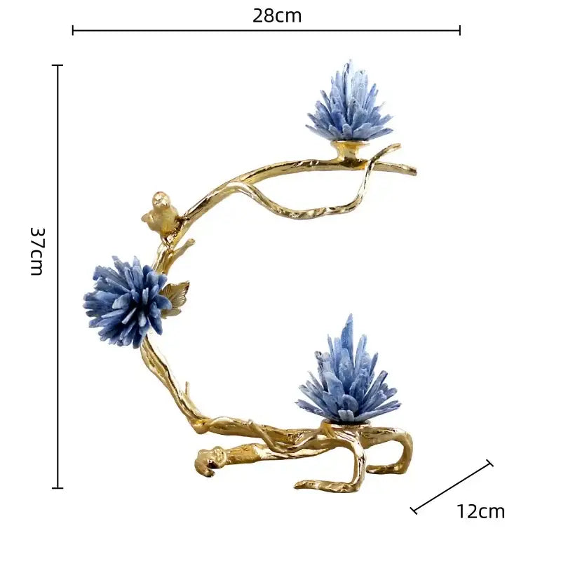 Golden bird tree sculpture by decorbites crystal stone featuring blue spiky flowers and small bird figures for living room decor