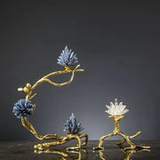 Golden bird tree sculpture with decorbites crystal stone featuring blue and clear crystal stone golden flowers for decor