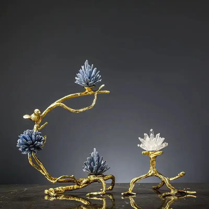 Golden bird tree sculpture with decorbites crystal stone featuring blue and clear crystal stone golden flowers for decor